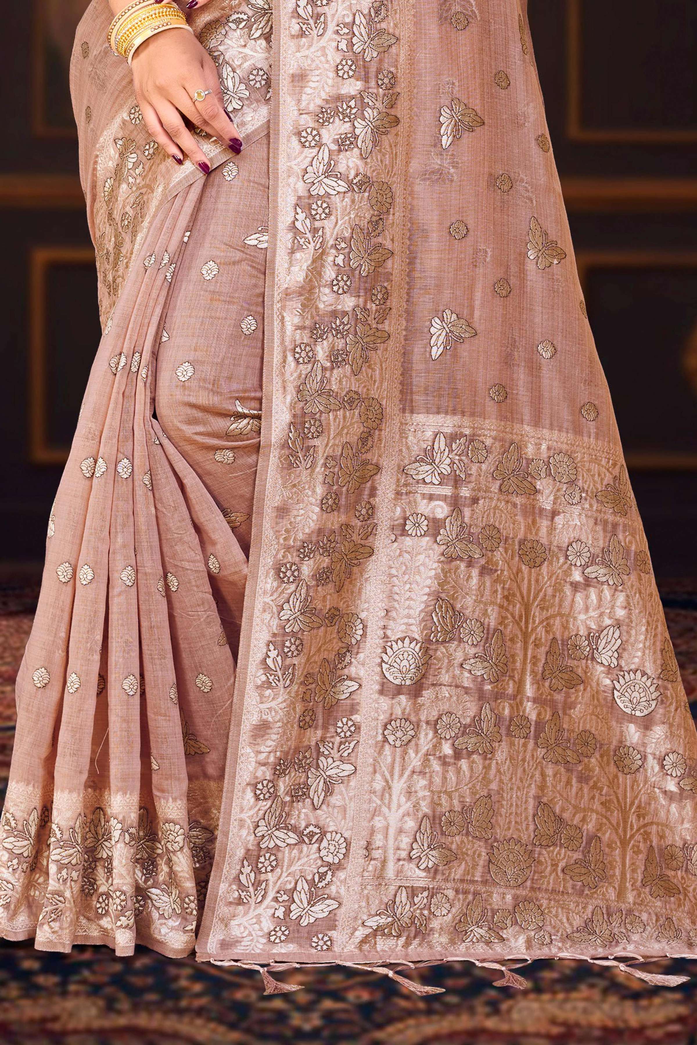 Sangam Prints Dusty Rose Cotton Blend Woven Work Traditional Saree | Grocsy