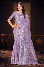 Sangam Prints Lavender Purple Cotton Blend Woven Work Traditional Saree | Grocsy