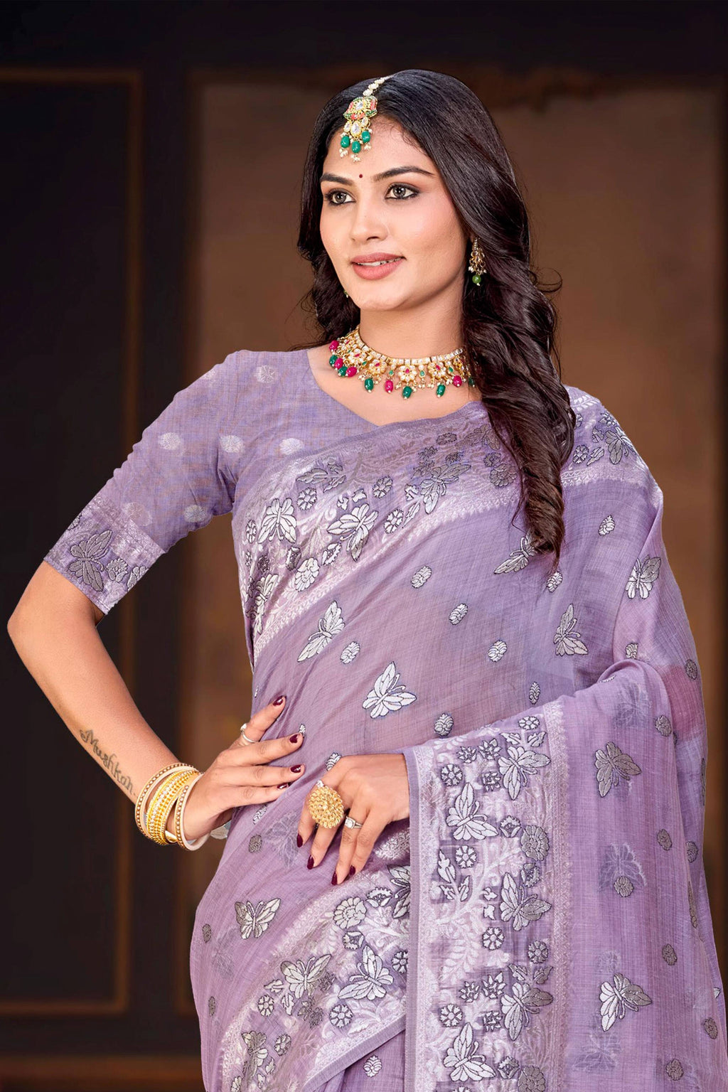 Sangam Prints Lavender Purple Cotton Blend Woven Work Traditional Saree | Grocsy