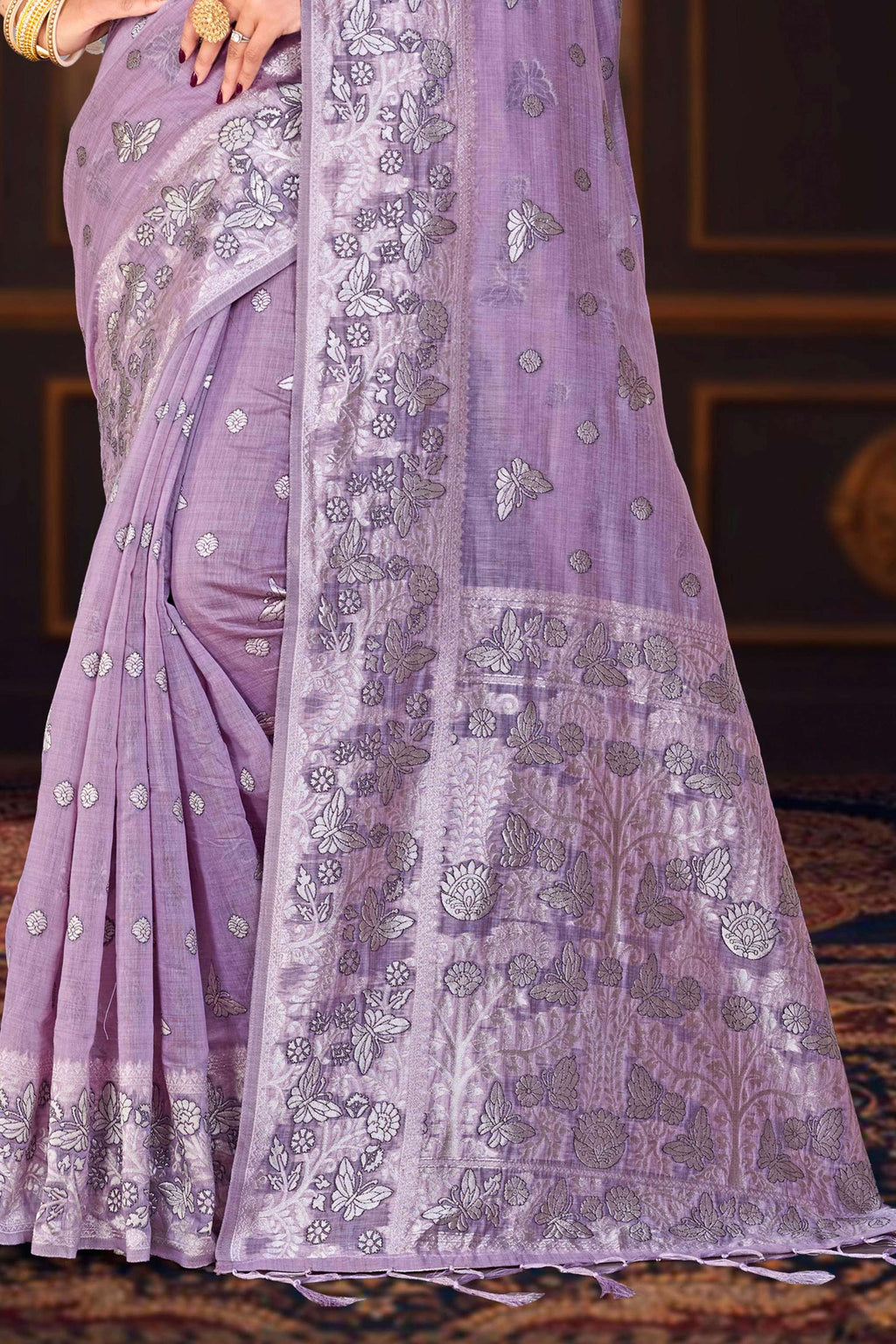 Sangam Prints Lavender Purple Cotton Blend Woven Work Traditional Saree | Grocsy
