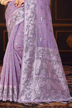 Sangam Prints Lavender Purple Cotton Blend Woven Work Traditional Saree | Grocsy