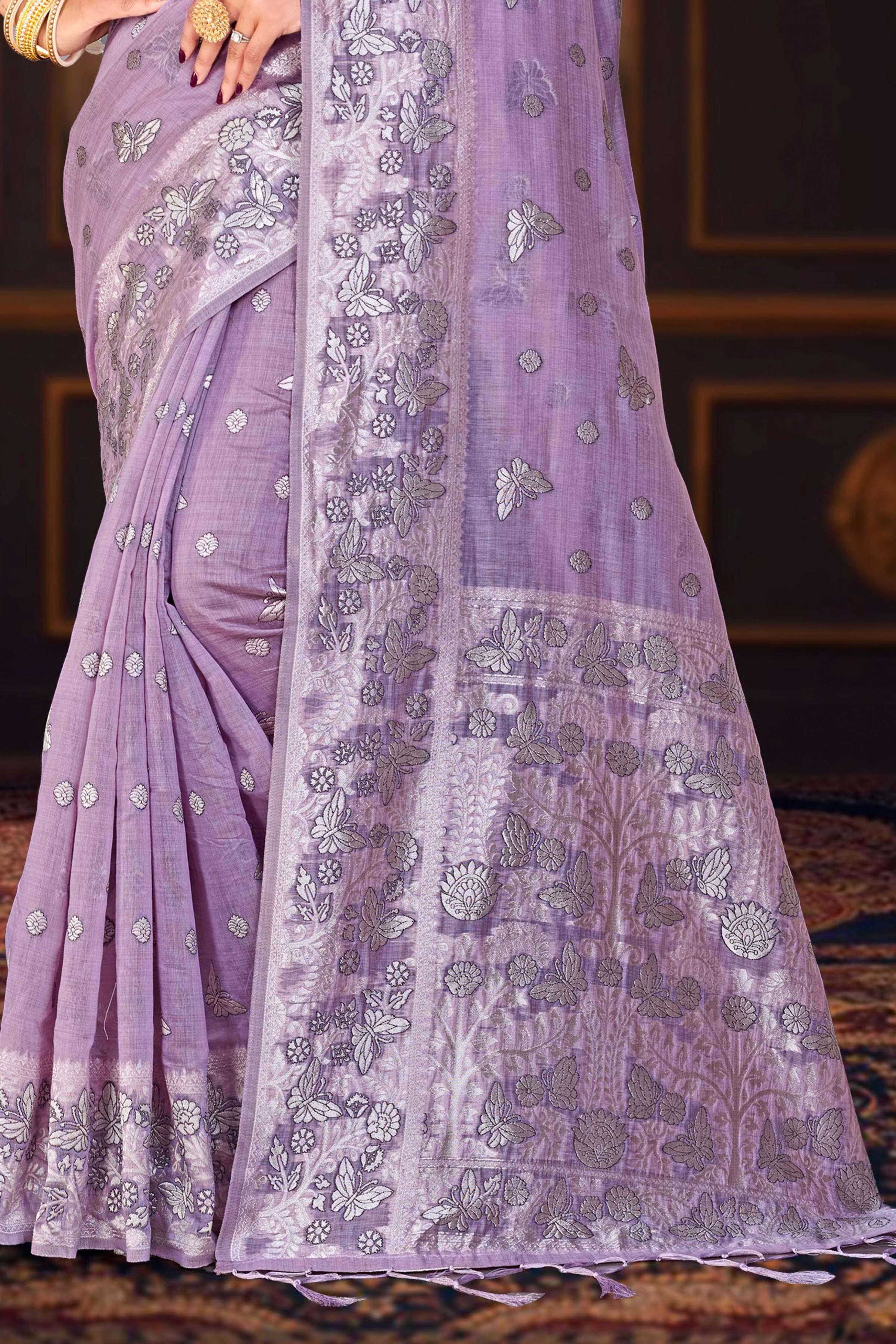Sangam Prints Lavender Purple Cotton Blend Woven Work Traditional Saree | Grocsy