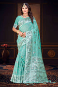 Sangam Prints Aqua Green Cotton Blend Woven Work Traditional Saree | Grocsy