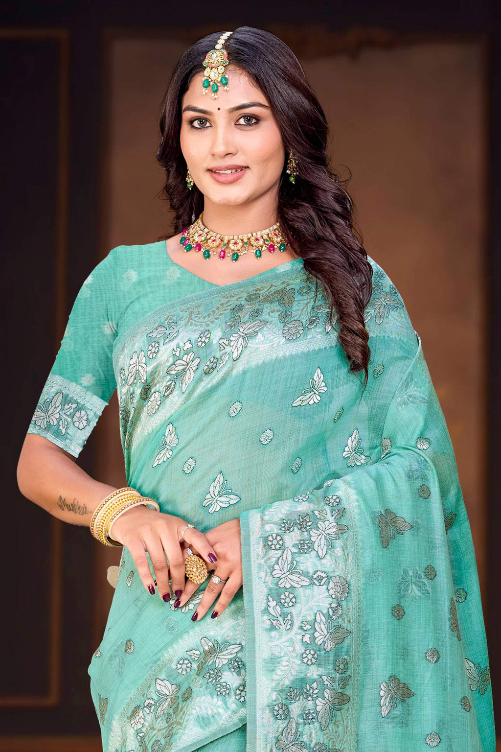 Sangam Prints Aqua Green Cotton Blend Woven Work Traditional Saree | Grocsy