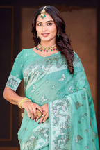 Sangam Prints Aqua Green Cotton Blend Woven Work Traditional Saree | Grocsy