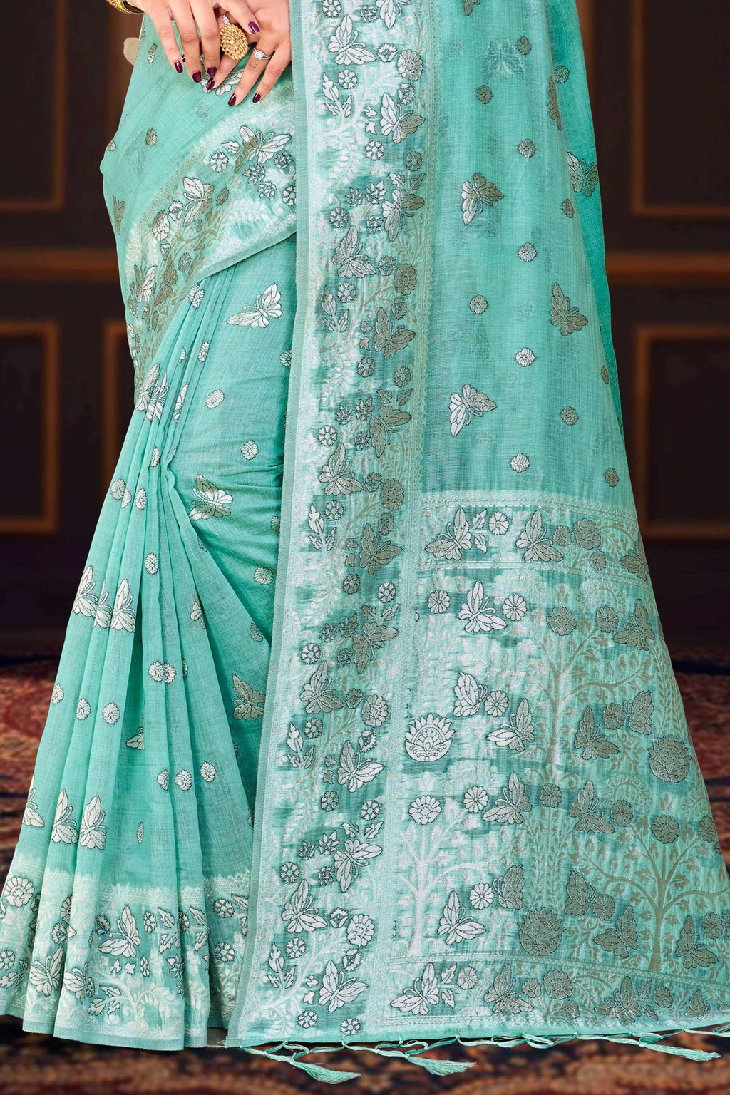 Sangam Prints Aqua Green Cotton Blend Woven Work Traditional Saree | Grocsy