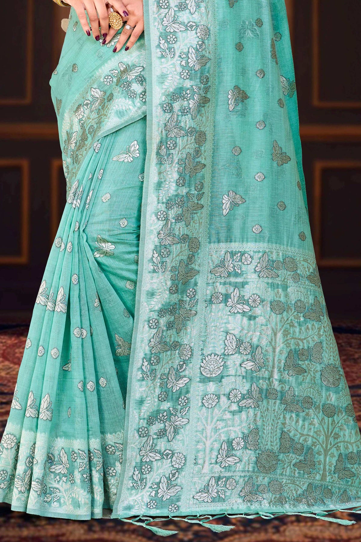 Sangam Prints Aqua Green Cotton Blend Woven Work Traditional Saree | Grocsy