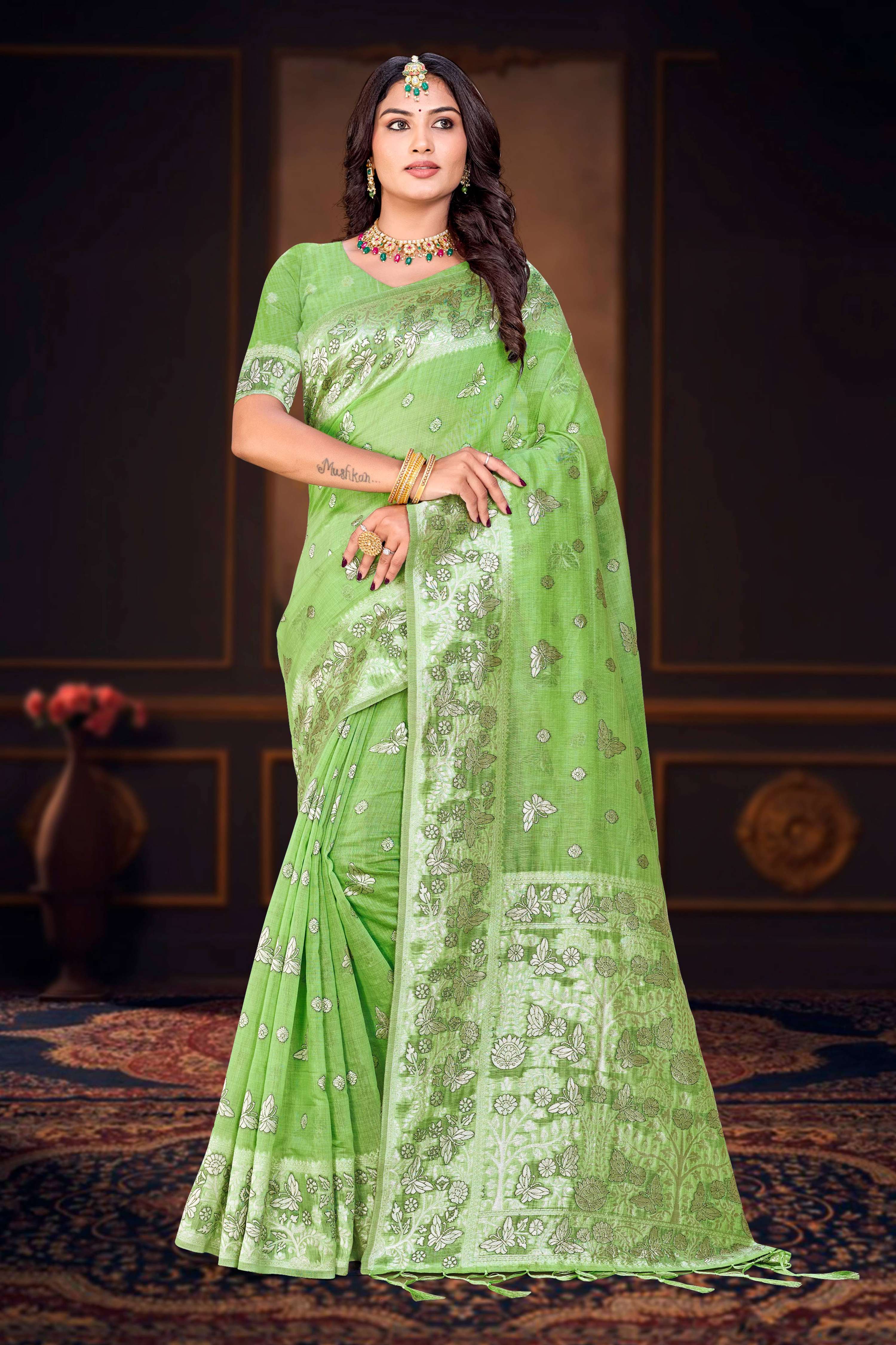 Sangam Prints Leaf Green Cotton Blend Woven Work Traditional Saree | Grocsy
