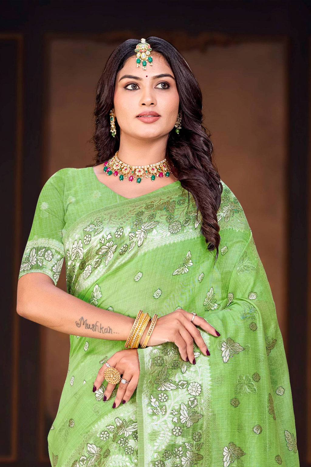 Sangam Prints Leaf Green Cotton Blend Woven Work Traditional Saree | Grocsy