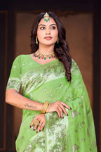 Sangam Prints Leaf Green Cotton Blend Woven Work Traditional Saree | Grocsy