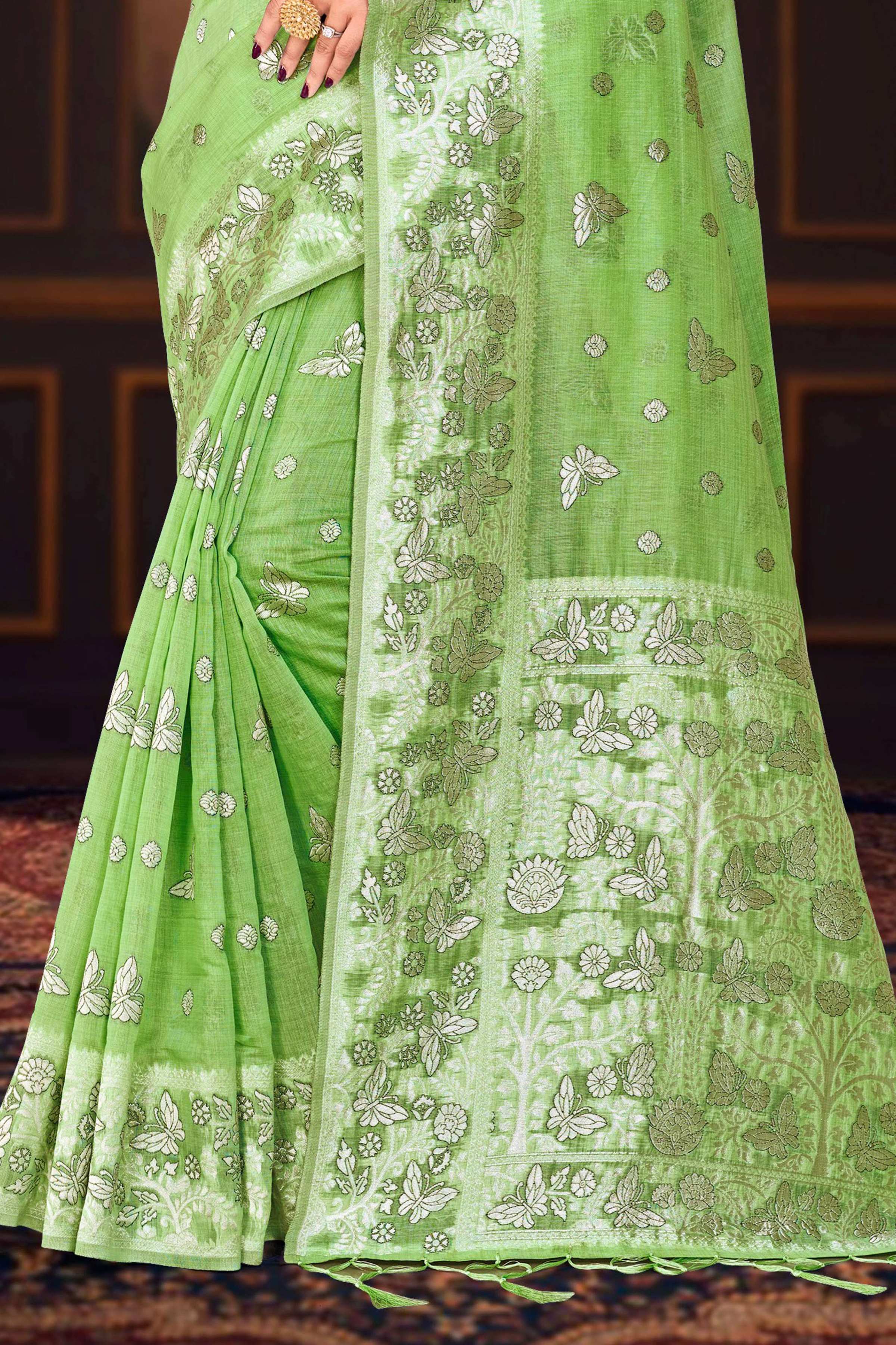 Sangam Prints Leaf Green Cotton Blend Woven Work Traditional Saree | Grocsy