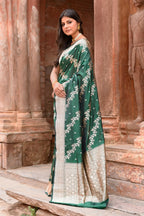 Joban Fashion Emerald Green Banarasi Katan Pure Handloom Banarasi Silk Saree | Grocsy