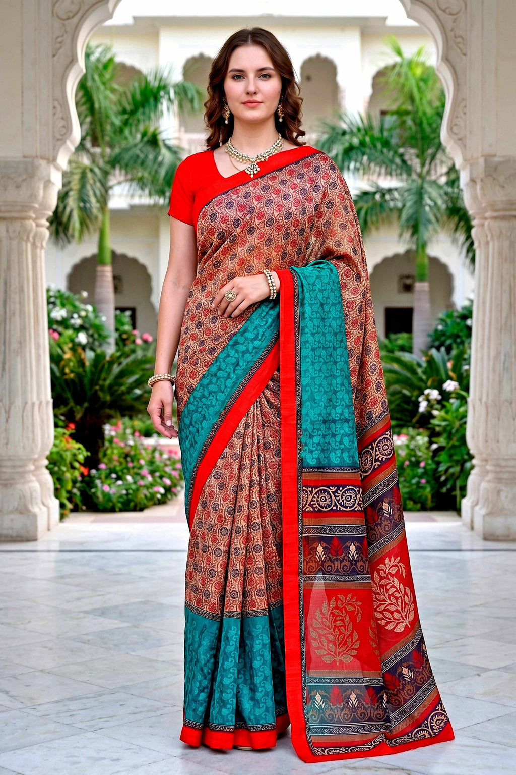 Sangam Prints Beige Teal Red Cotton Blend Woven Work Traditional Saree | Grocsy