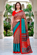 Sangam Prints Beige Teal Red Cotton Blend Woven Work Traditional Saree | Grocsy