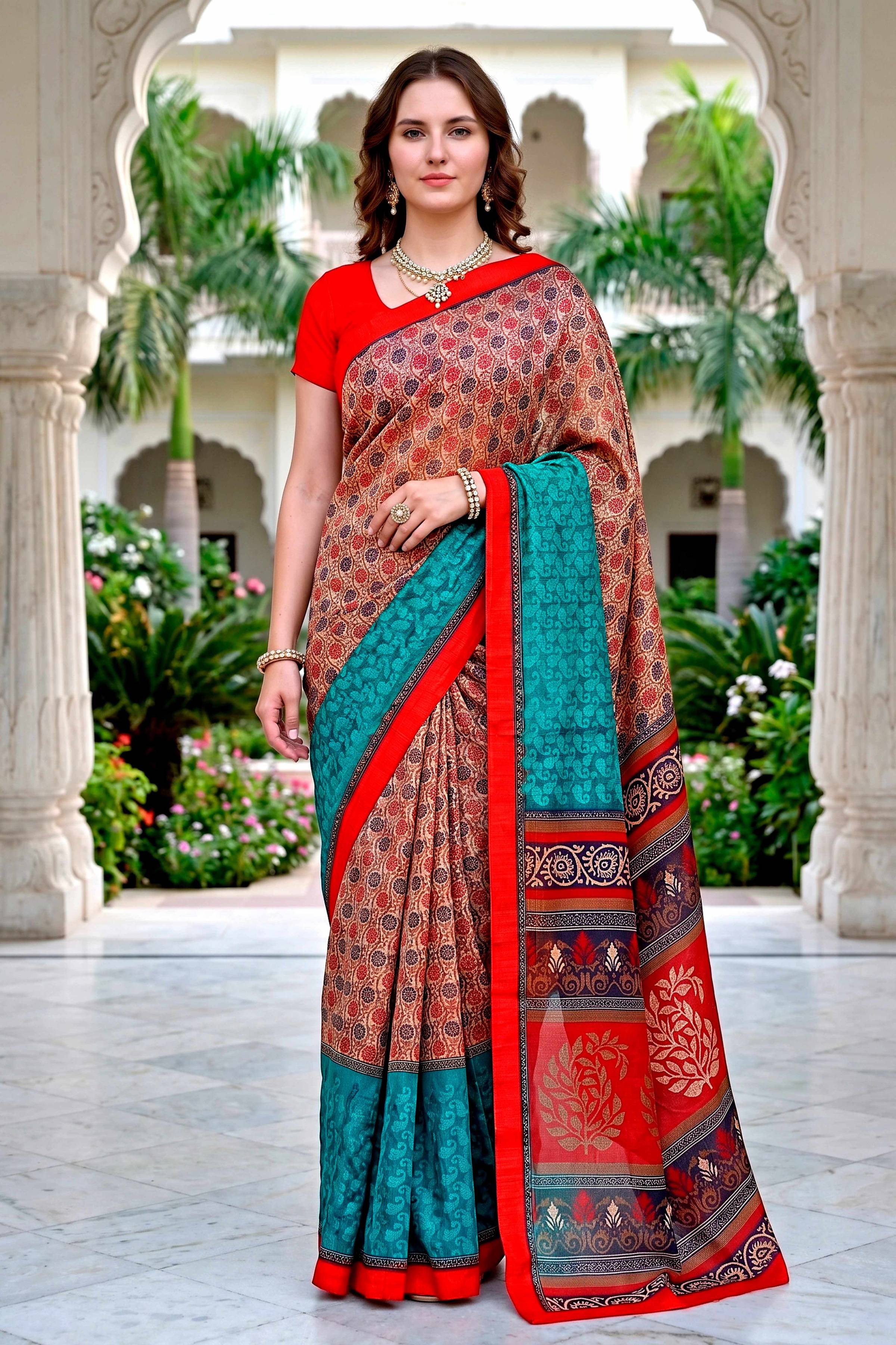 Sangam Prints Beige Teal Red Cotton Blend Woven Work Traditional Saree | Grocsy