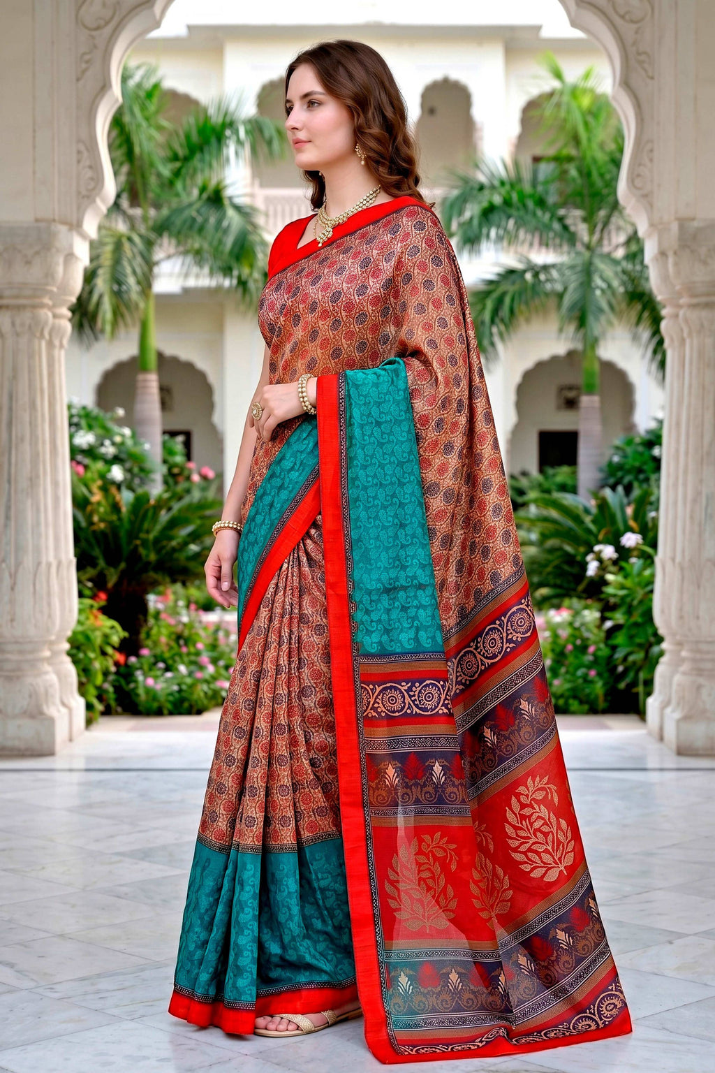 Sangam Prints Beige Teal Red Cotton Blend Woven Work Traditional Saree | Grocsy
