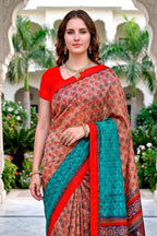 Sangam Prints Beige Teal Red Cotton Blend Woven Work Traditional Saree | Grocsy