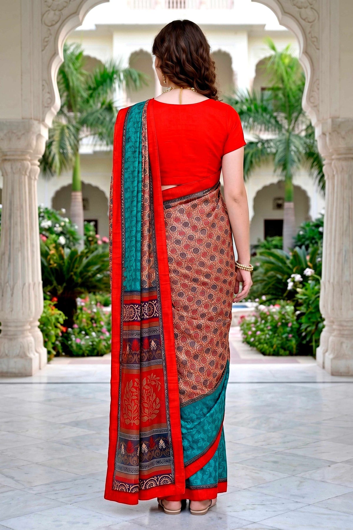 Sangam Prints Beige Teal Red Cotton Blend Woven Work Traditional Saree | Grocsy