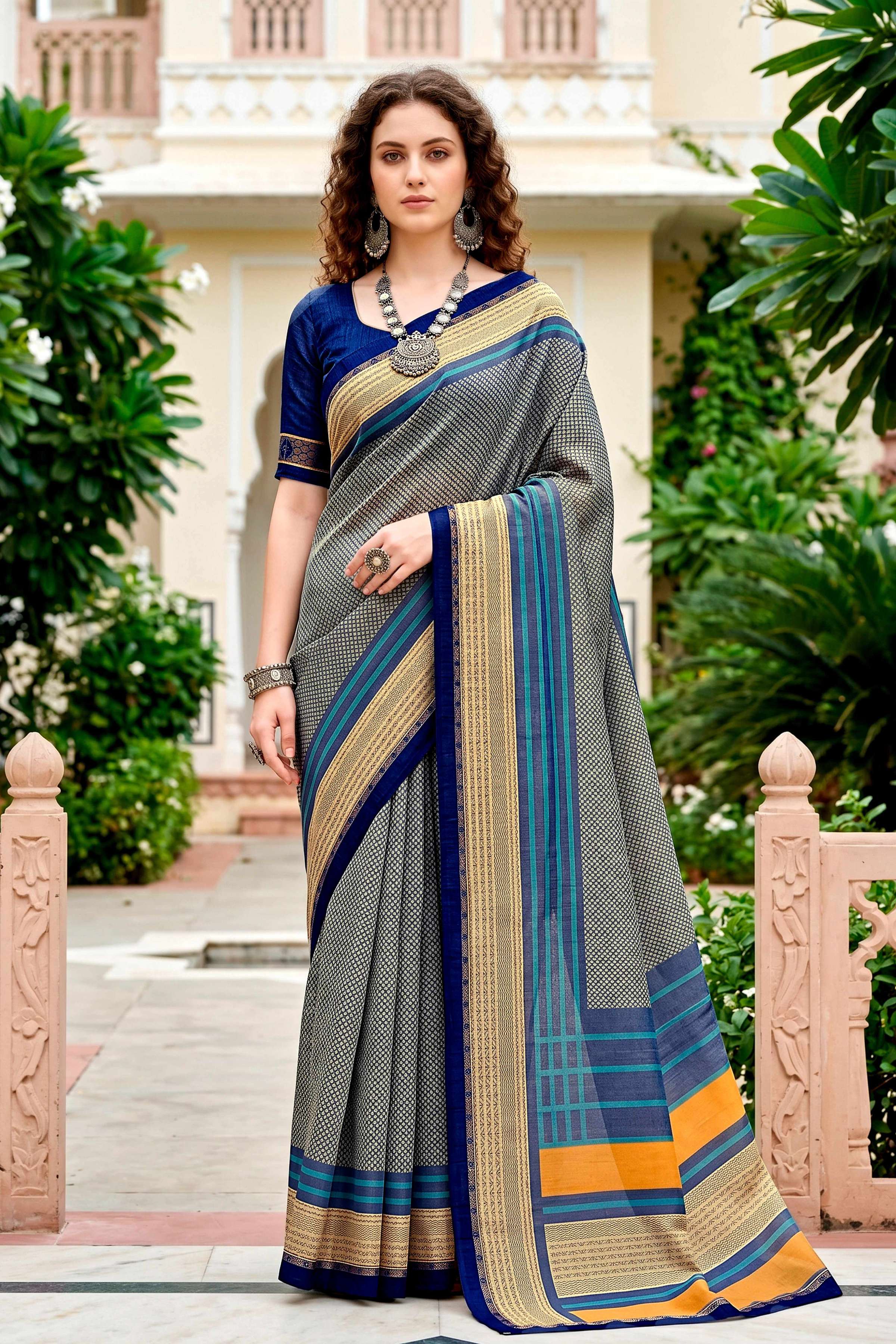 Sangam Prints Steel Grey Cotton Blend Woven Work Traditional Saree | Grocsy