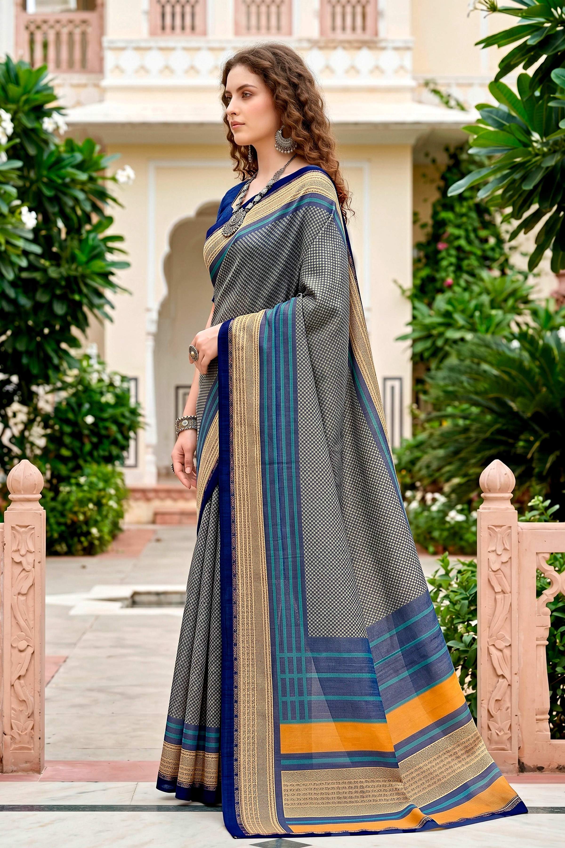 Sangam Prints Steel Grey Cotton Blend Woven Work Traditional Saree | Grocsy