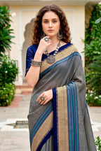 Sangam Prints Steel Grey Cotton Blend Woven Work Traditional Saree | Grocsy