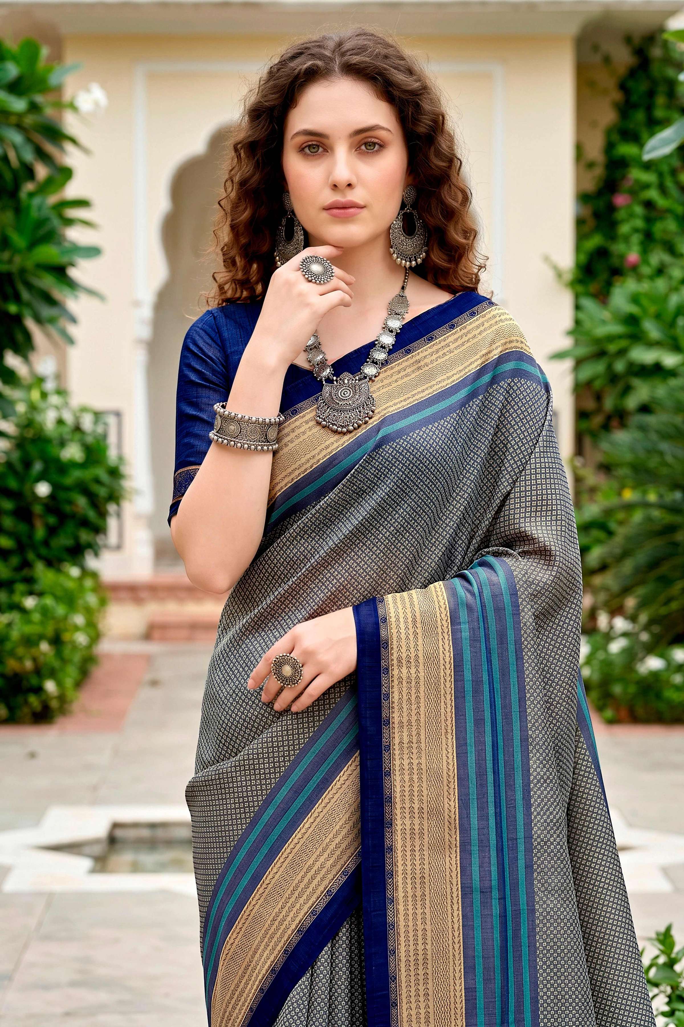 Sangam Prints Steel Grey Cotton Blend Woven Work Traditional Saree | Grocsy