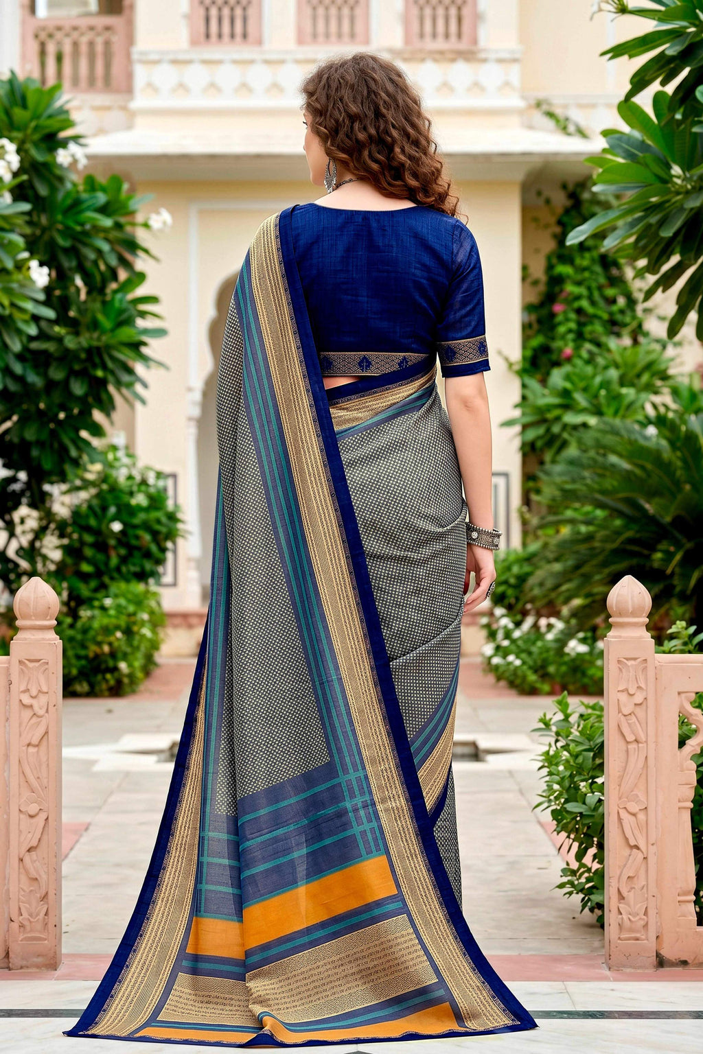 Sangam Prints Steel Grey Cotton Blend Woven Work Traditional Saree | Grocsy
