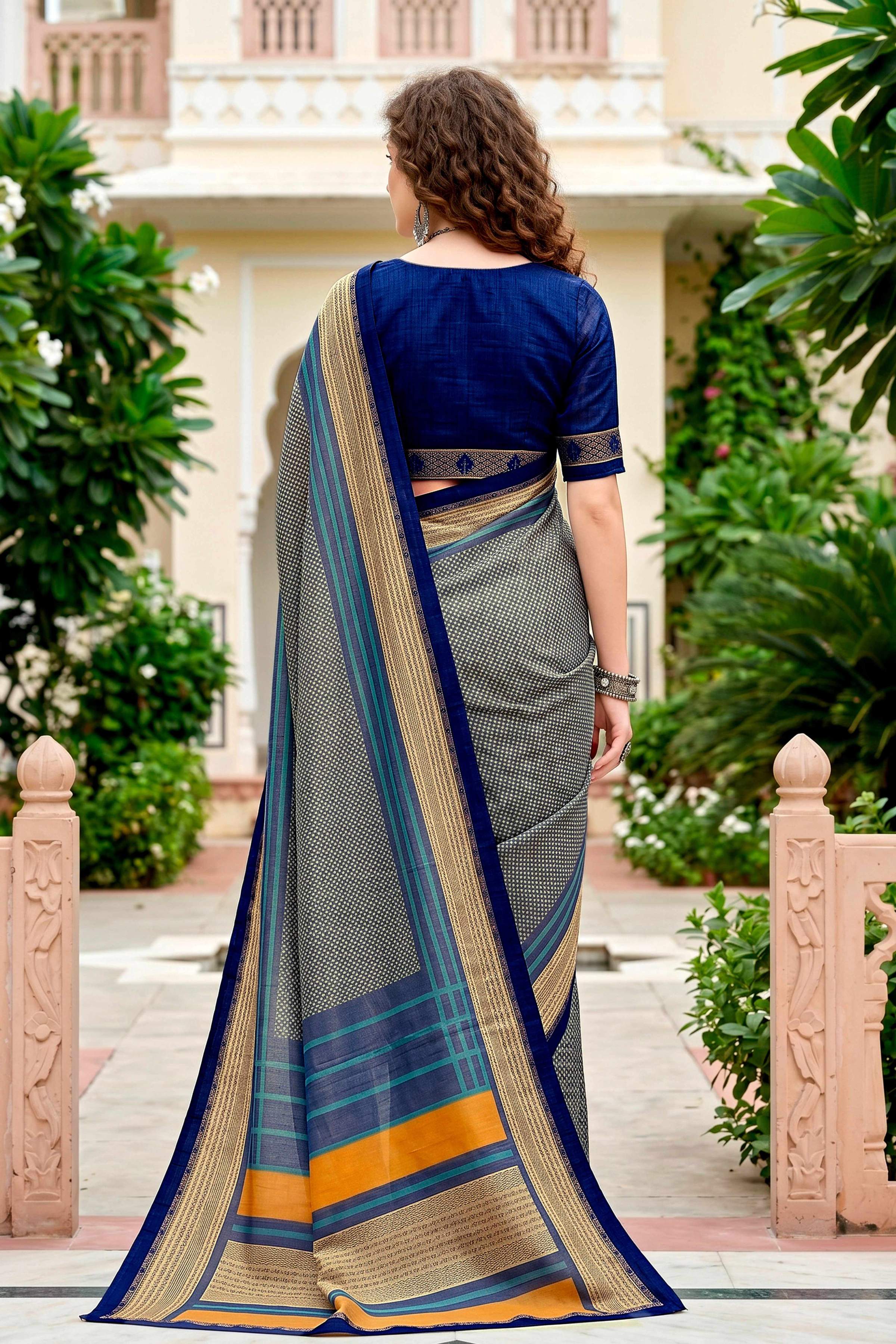 Sangam Prints Steel Grey Cotton Blend Woven Work Traditional Saree | Grocsy