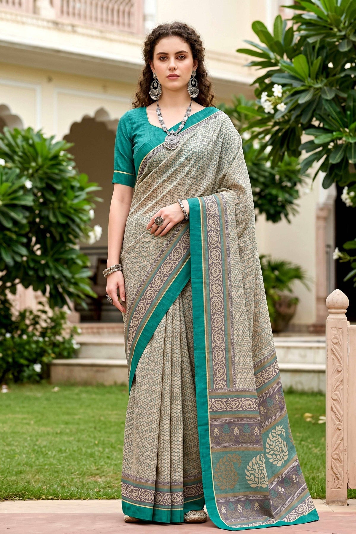 Sangam Prints Stone Grey Cotton Blend Woven Work Traditional Saree | Grocsy
