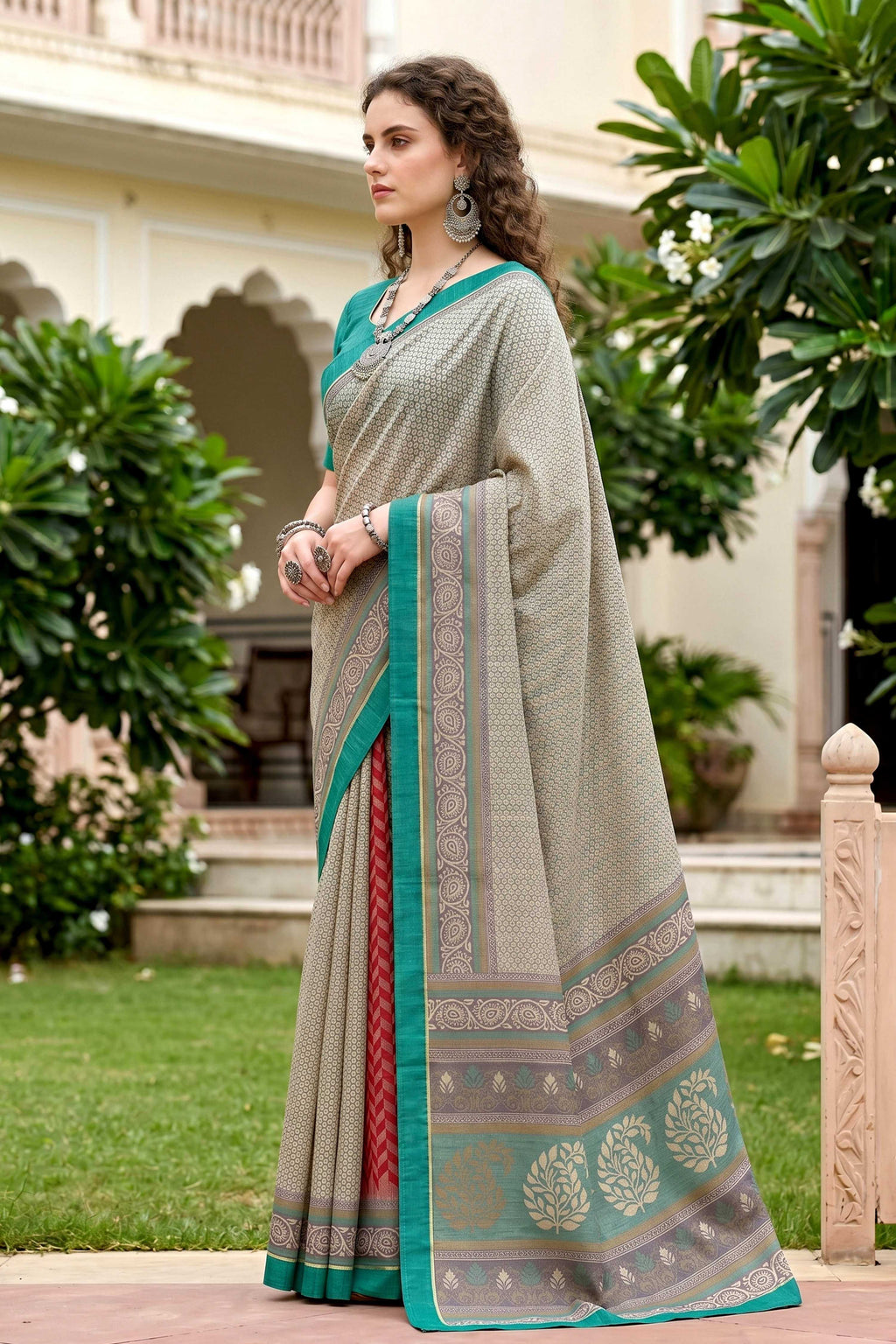 Sangam Prints Stone Grey Cotton Blend Woven Work Traditional Saree | Grocsy