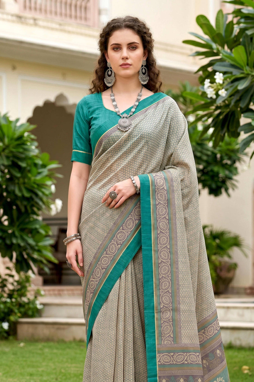 Sangam Prints Stone Grey Cotton Blend Woven Work Traditional Saree | Grocsy