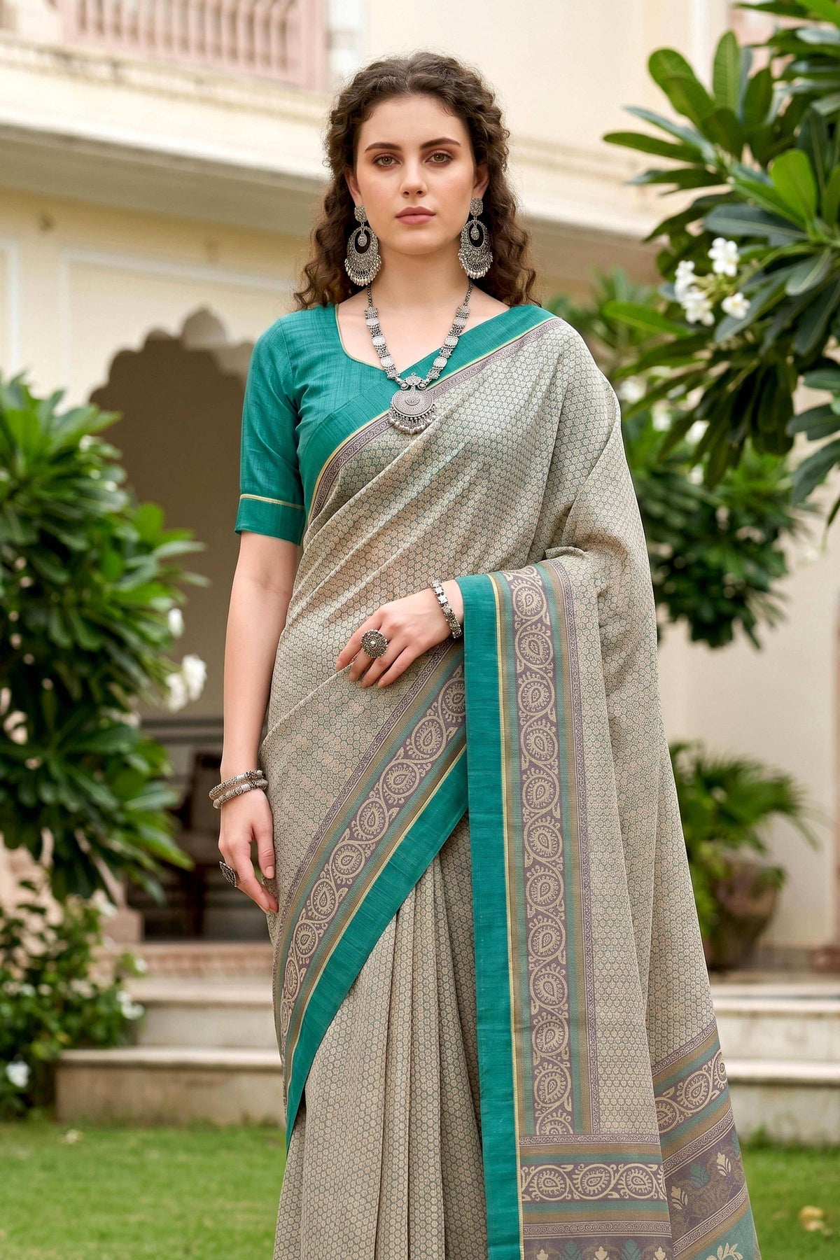 Sangam Prints Stone Grey Cotton Blend Woven Work Traditional Saree | Grocsy