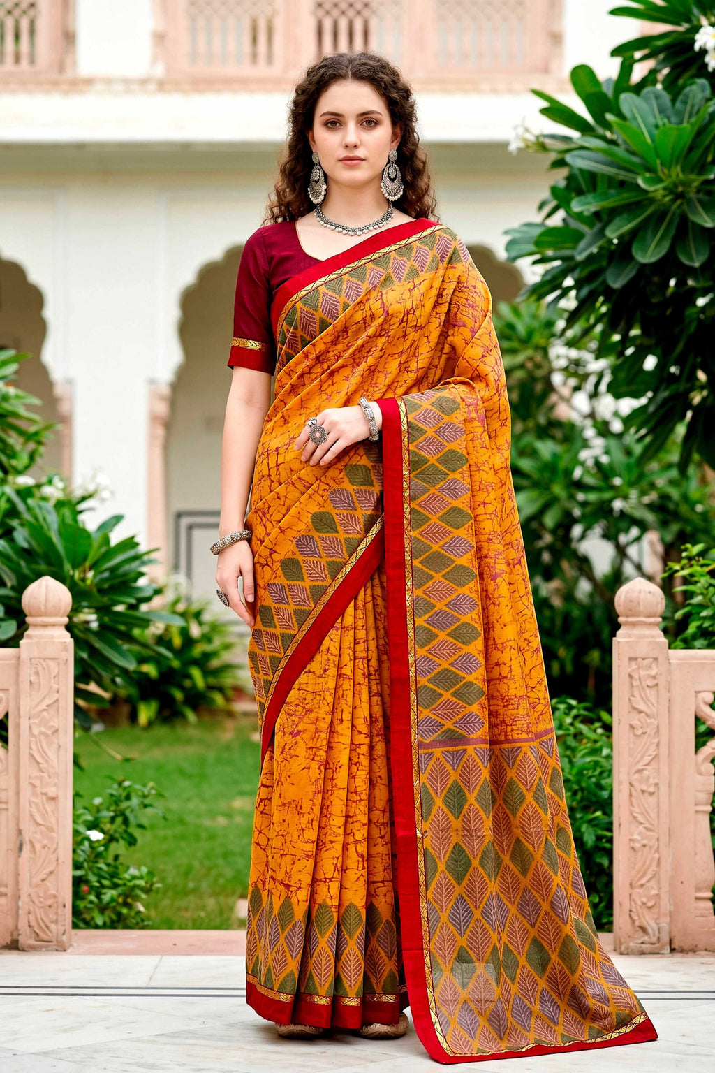 Sangam Prints Mustard Yellow Cotton Blend Woven Work Traditional Saree | Grocsy