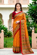 Sangam Prints Mustard Yellow Cotton Blend Woven Work Traditional Saree | Grocsy