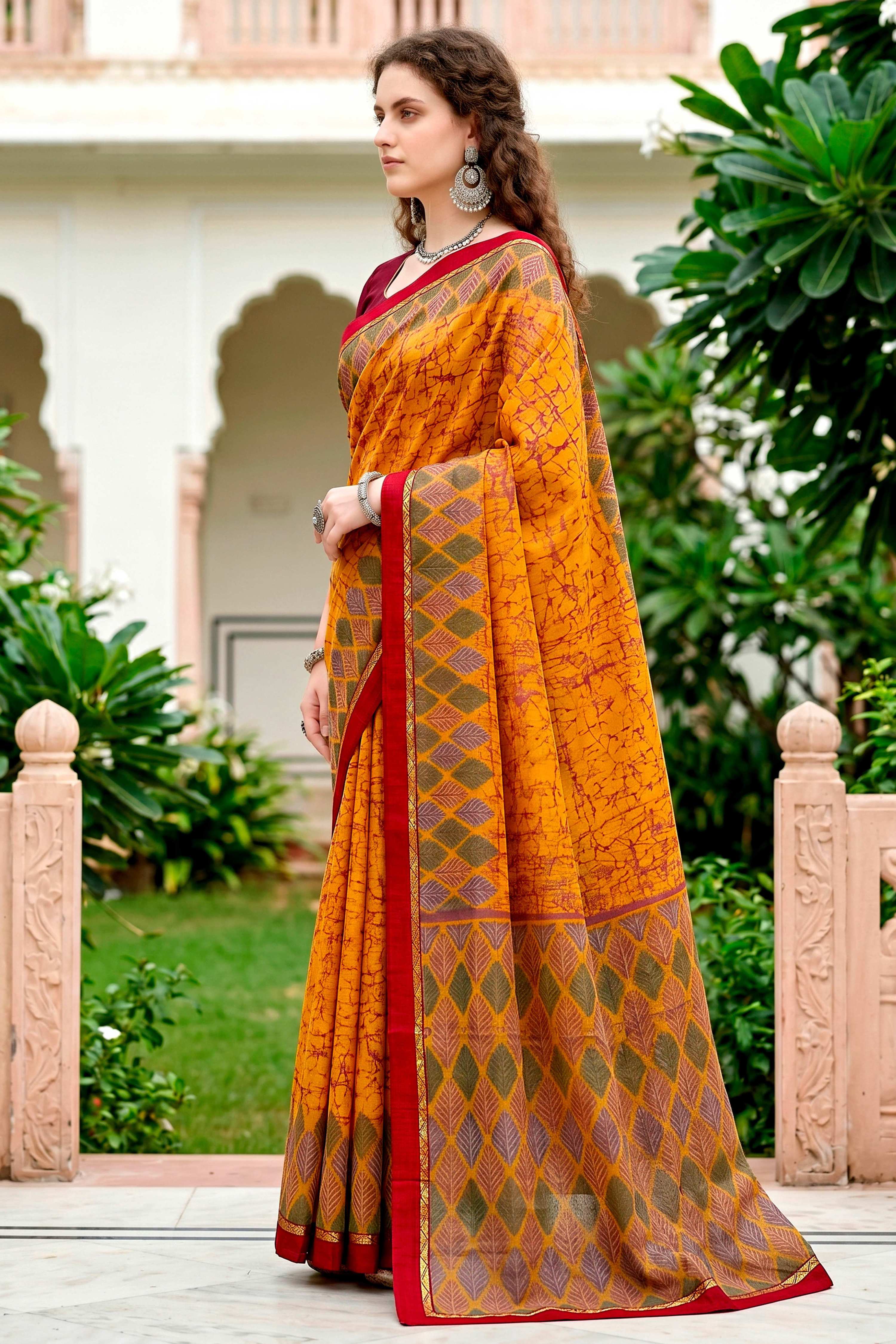 Sangam Prints Mustard Yellow Cotton Blend Woven Work Traditional Saree | Grocsy
