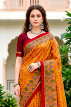 Sangam Prints Mustard Yellow Cotton Blend Woven Work Traditional Saree | Grocsy