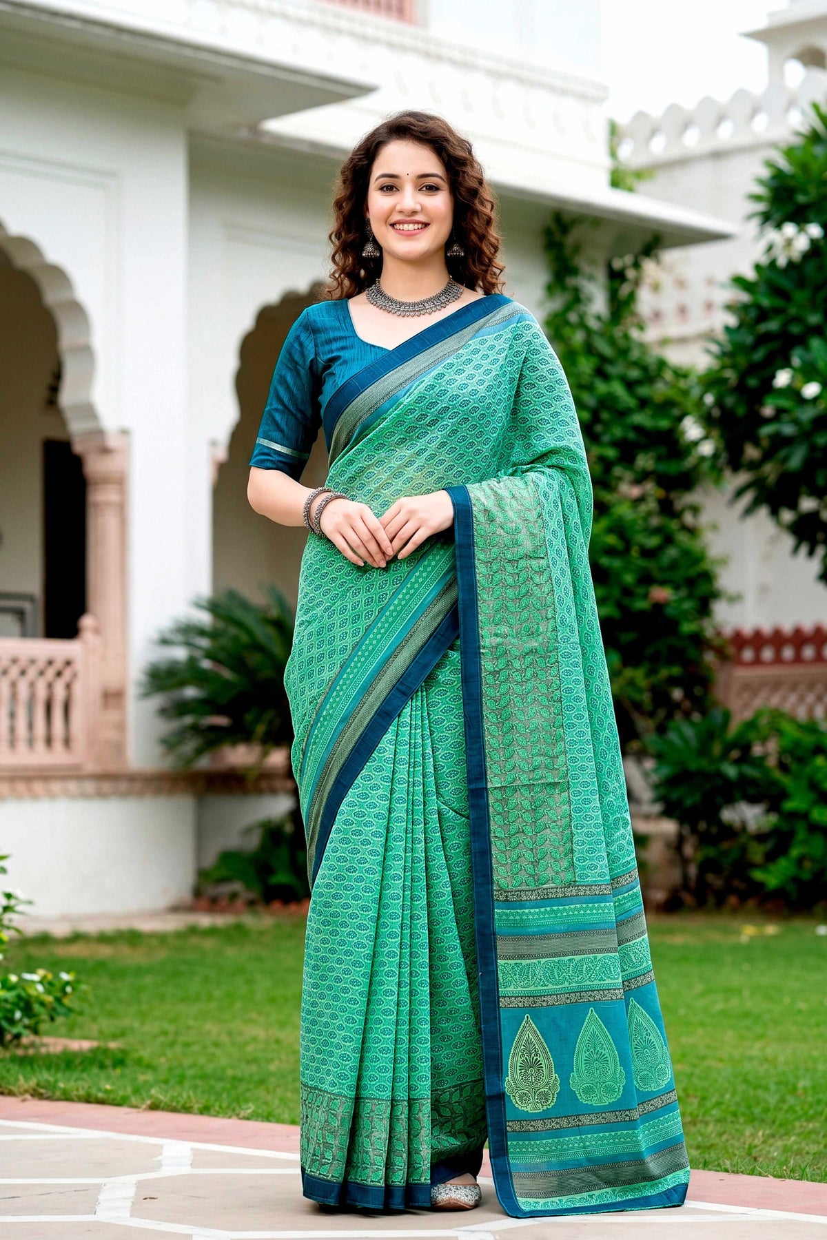 Sangam Prints Mint Green Cotton Blend Woven Work Traditional Saree | Grocsy
