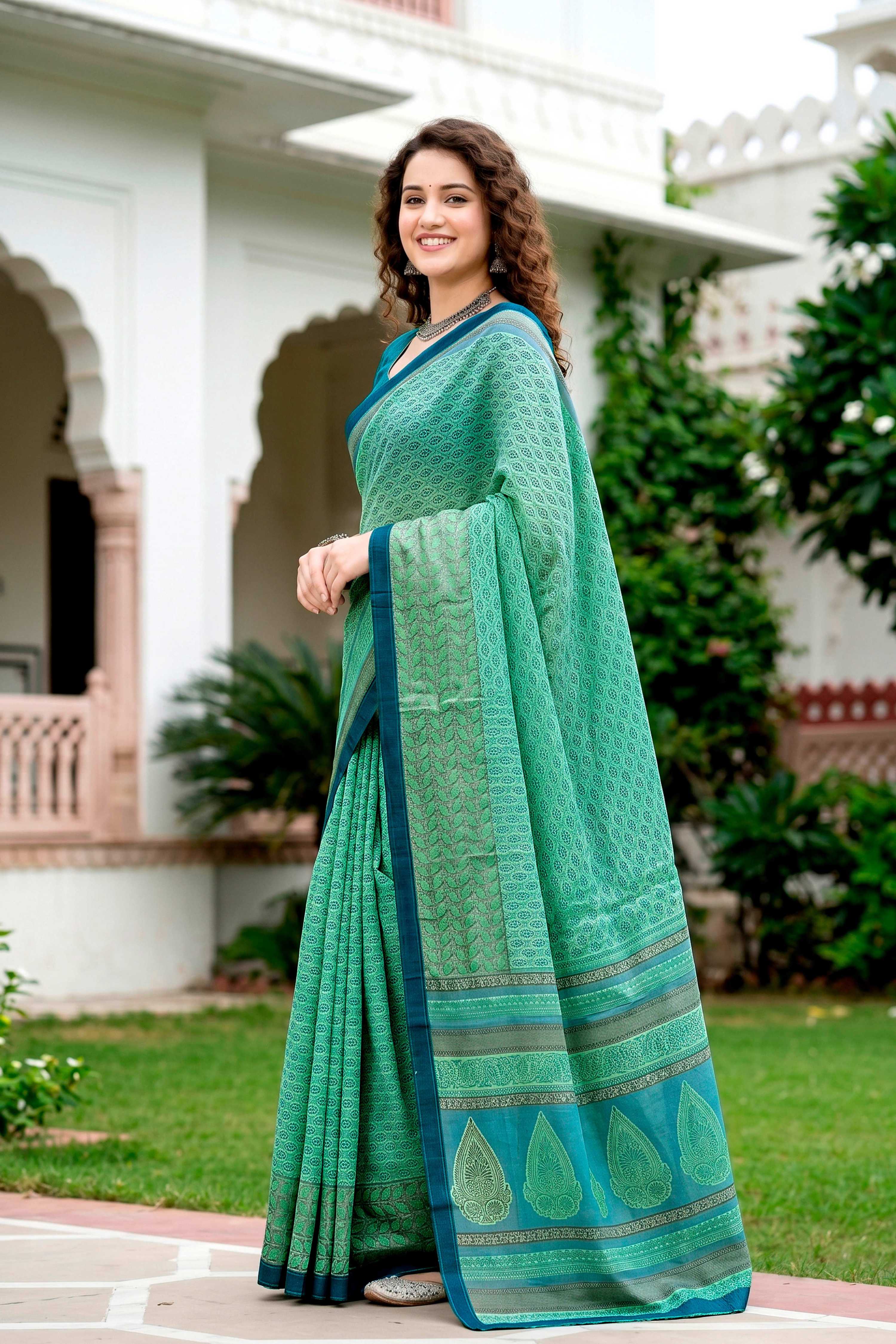 Sangam Prints Mint Green Cotton Blend Woven Work Traditional Saree | Grocsy
