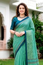 Sangam Prints Mint Green Cotton Blend Woven Work Traditional Saree | Grocsy