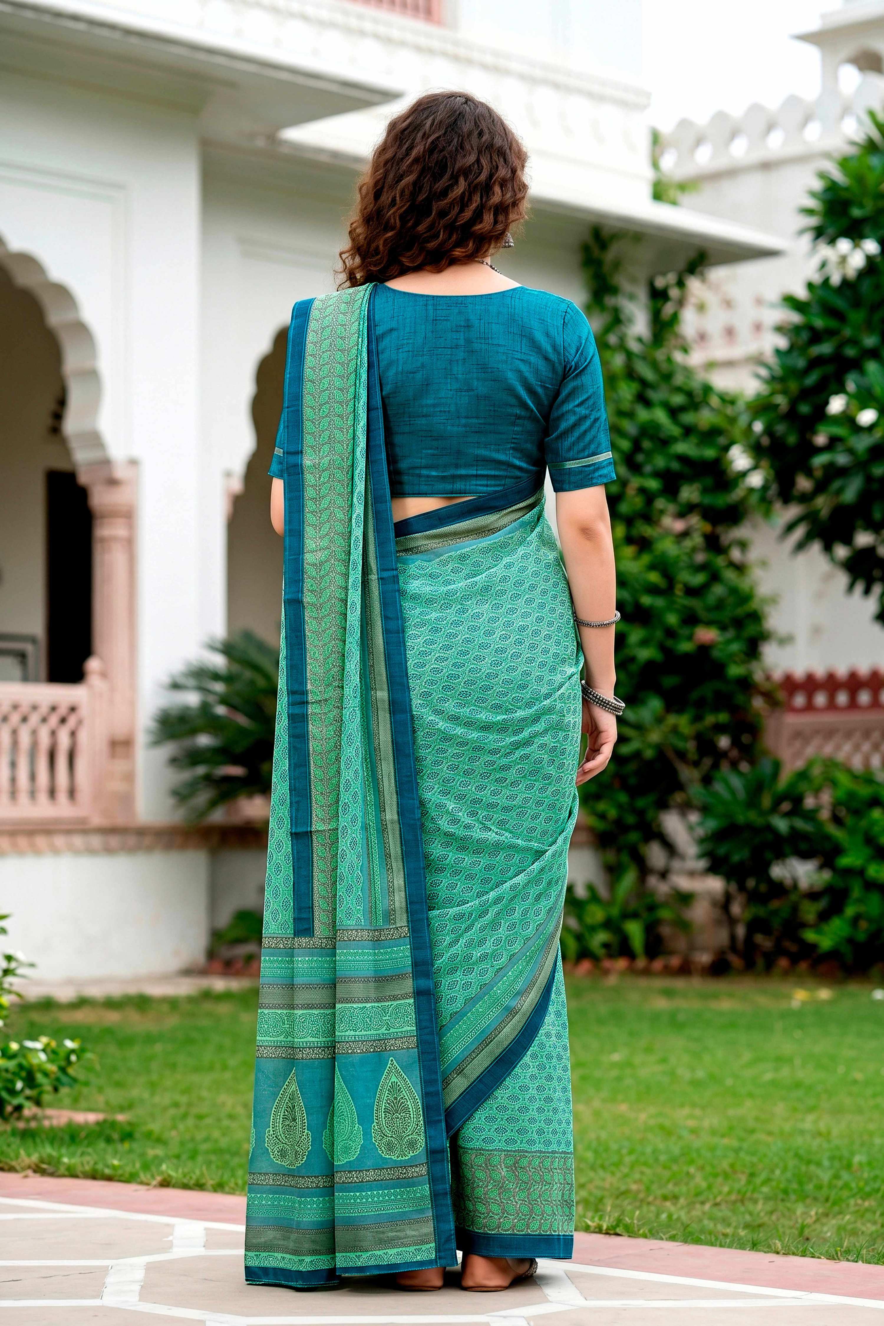 Sangam Prints Mint Green Cotton Blend Woven Work Traditional Saree | Grocsy