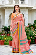 Sangam Prints Peach Pink Cotton Blend Woven Work Traditional Saree | Grocsy
