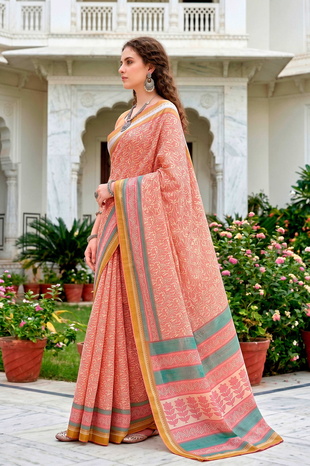 Sangam Prints Peach Pink Cotton Blend Woven Work Traditional Saree | Grocsy