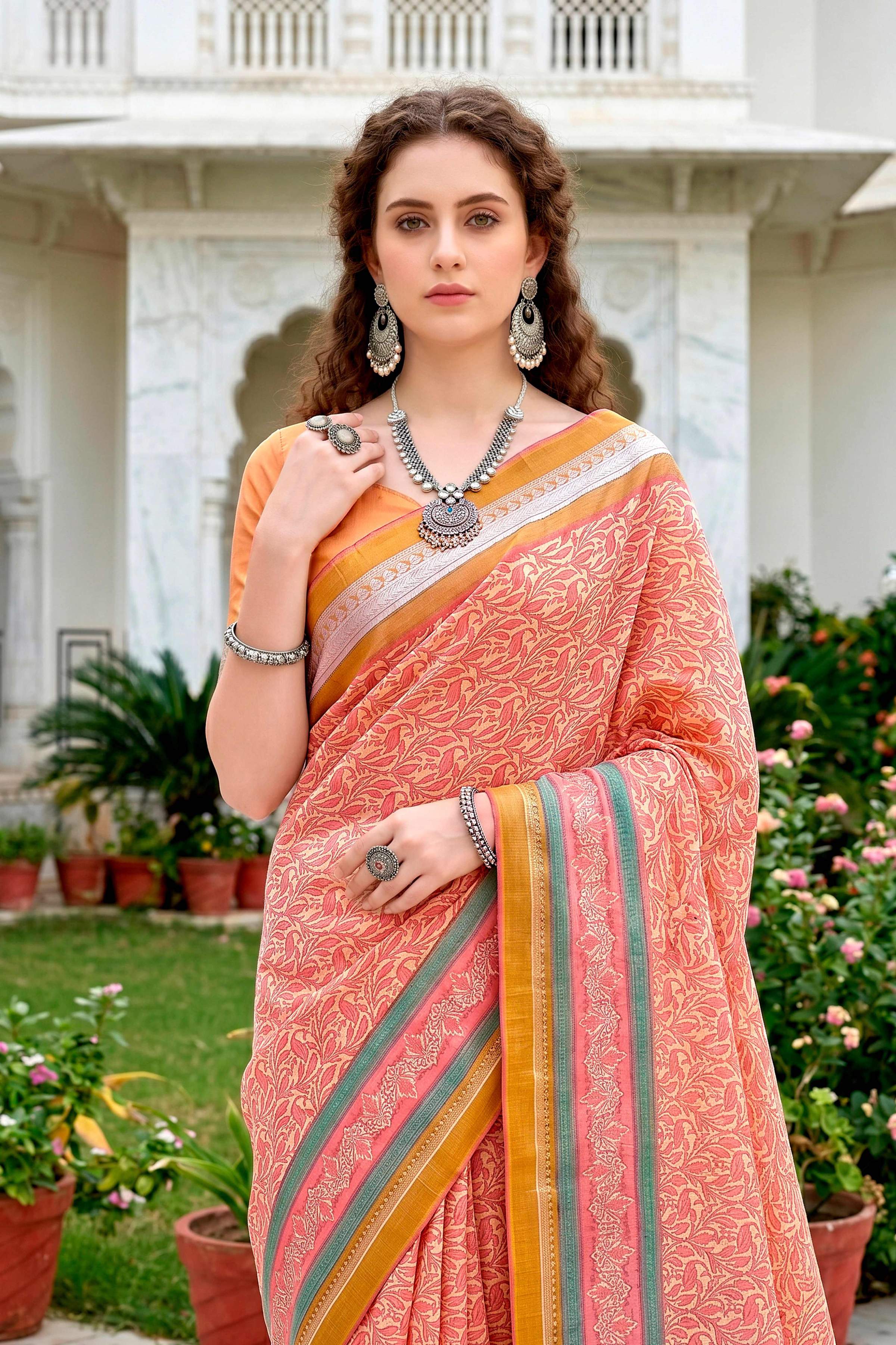 Sangam Prints Peach Pink Cotton Blend Woven Work Traditional Saree | Grocsy