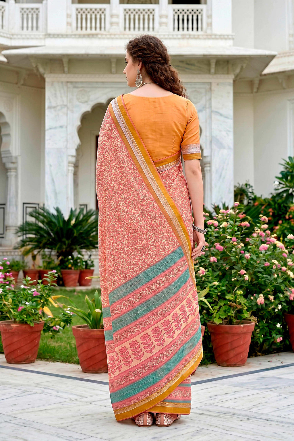 Sangam Prints Peach Pink Cotton Blend Woven Work Traditional Saree | Grocsy