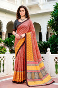 Sangam Prints Brick Red Mustard Cotton Blend Woven Work Traditional Saree | Grocsy