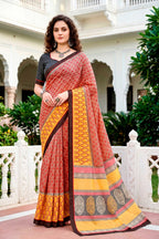 Sangam Prints Brick Red Mustard Cotton Blend Woven Work Traditional Saree | Grocsy