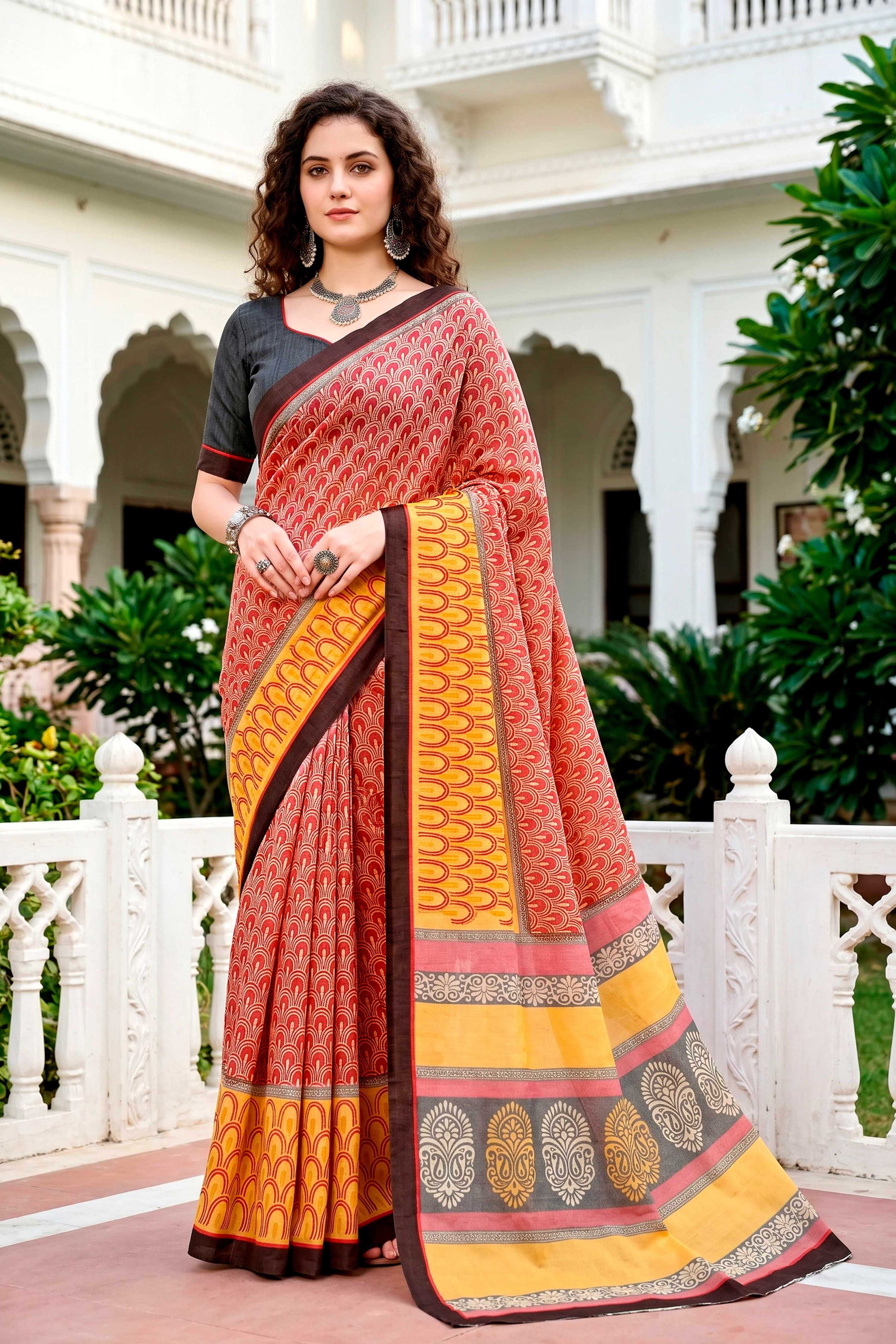 Sangam Prints Brick Red Mustard Cotton Blend Woven Work Traditional Saree | Grocsy