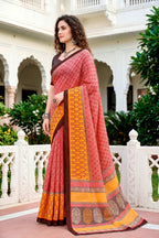 Sangam Prints Brick Red Mustard Cotton Blend Woven Work Traditional Saree | Grocsy