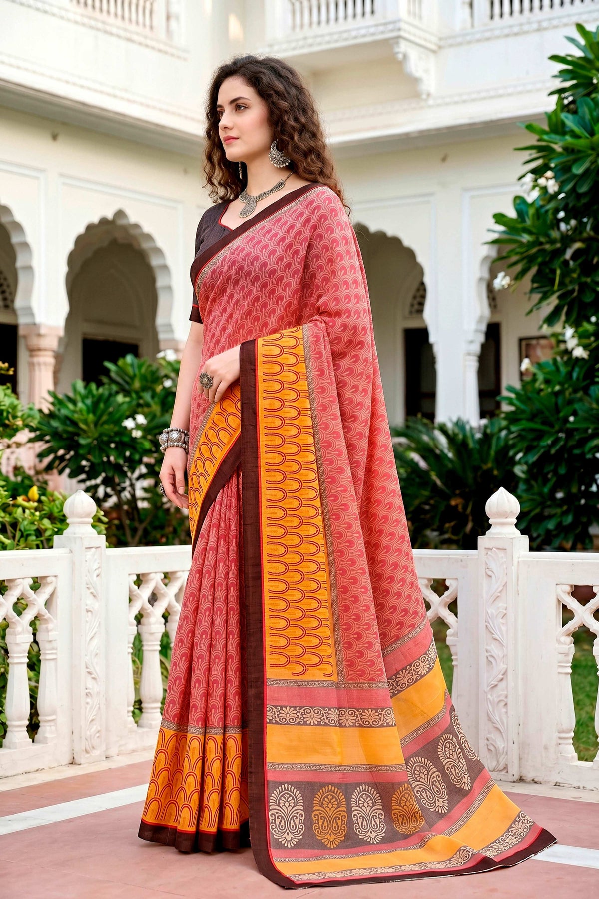 Sangam Prints Brick Red Mustard Cotton Blend Woven Work Traditional Saree | Grocsy