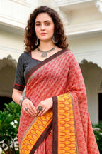 Sangam Prints Brick Red Mustard Cotton Blend Woven Work Traditional Saree | Grocsy